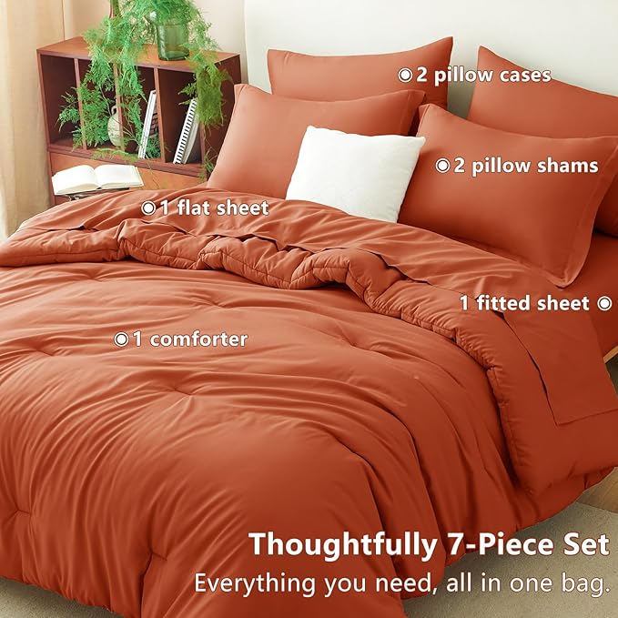 CozyLux Queen Comforter Set Burnt Orange, 7 Pieces Bed in a Bag Queen Size Comforter Set with Sheets, Terracotta Bedding Sets with Down Alternative Comforter, Sheets, Pillow Shams and Pillowcases