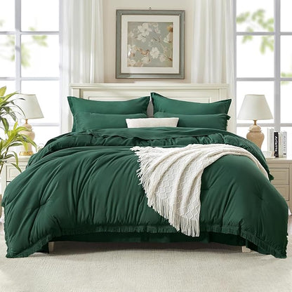 Andency Oversized King Comforter Set with Sheets 128x120 Dark Emerald Green - 7 Pieces Bed in a Bag Boho Soft Lightweight Bedding Set, Tassel Bed Set with Comforter, Sheets, Pillowcases & Shams