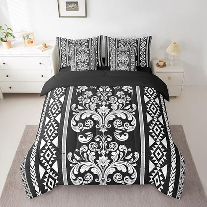 Comforter Set Full Size, Black and White Damask Aztec 7 Pcs Bedding for Kids Adults, Antique Decor Western Baroque Gothic Bed Sheet Sets with Fitted Sheet 2 Pillowcases & 2 Shams for Bedroom Bed Decor