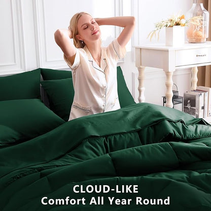 CozyLux Oversized Queen Comforter Sets Emerald Green, 7 Pieces Bed in a Bag, Ultra-Soft All Season Bedding Sets with Stitch Quilted Comforter, Flat Sheet, Fitted Sheet, Pillowcases, Emerald Green