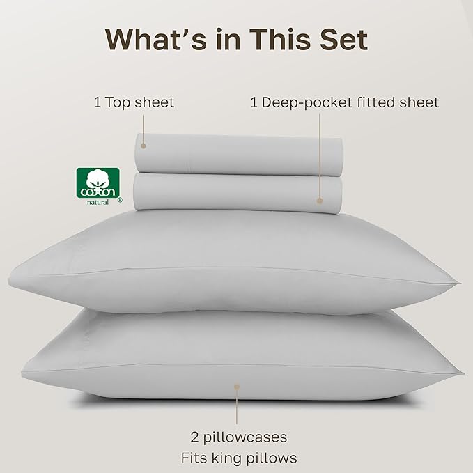 California Design Den 100% Egyptian Cotton Sheets King Size Bed Set - Certified Authentic Luxury, Soft Sateen Sheet Set with Deep Pockets, Breathable and Durable Bedding Set - Light Grey
