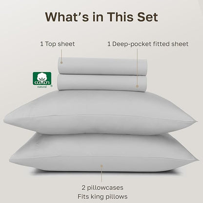 California Design Den 100% Egyptian Cotton Sheets King Size Bed Set - Certified Authentic Luxury, Soft Sateen Sheet Set with Deep Pockets, Breathable and Durable Bedding Set - Light Grey