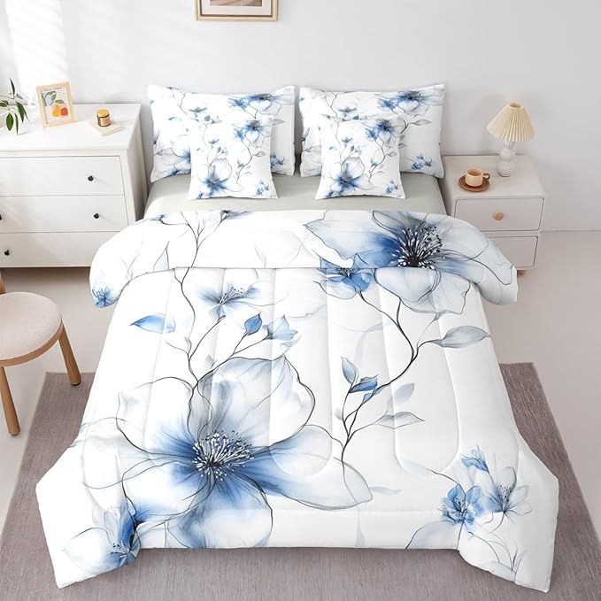 Erosebridal Bohemian Floral Queen Comforter Set with Sheets, Blue Flower 7 Pcs Bedding Set for Women Adults Girls, Chic Watercolor Flower Boho Bed Sets, Ink Painting Style Blossom & Leaf Bed in A Bag