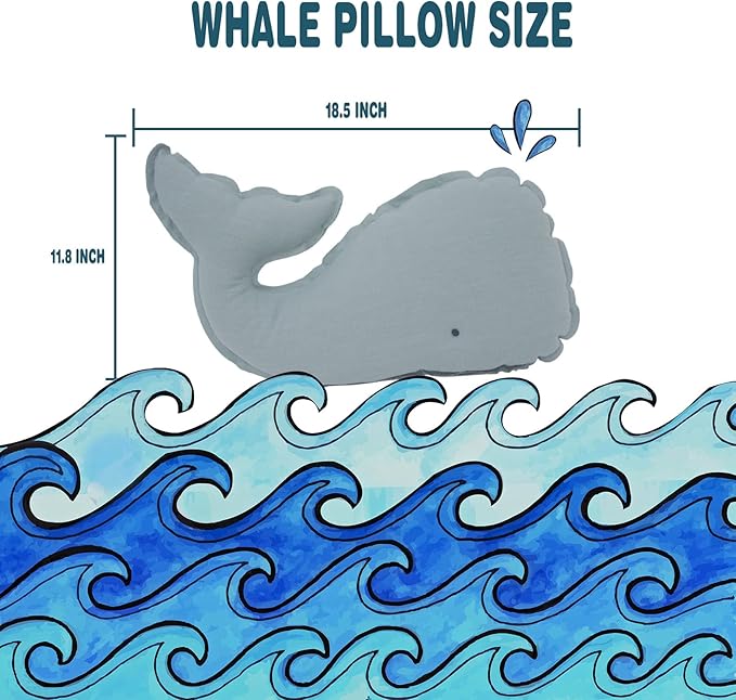 Marble Empire Whale Pillow Linen, Blue Whale Throw Pillows with Free Style Edge,Coastal Ocean Decorative Pillow for Couch Sofa (18.5 inch)