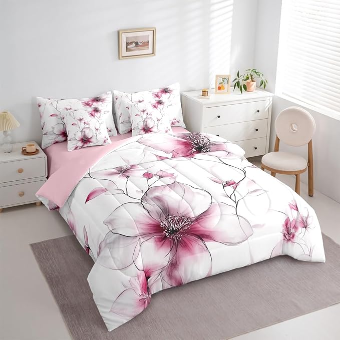 Erosebridal Pink Flower Comforter Set with Sheets Full, Elegant Boho Floral 7 Pcs Bedding Set for Young Women Adults Girls, Watercolor Flower Bed Sets, Ink Painting Style Blossom & Leaf Bed in A Bag