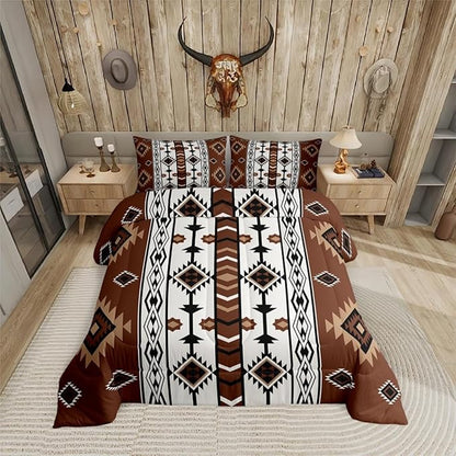 Erosebridal Western Comforter Set Brown Rustic Boho Aztec Bedding Set King Size,Country Cabin Lodge Quilt Comforter for Boys Adults Men Southwestern Ethnic Tribal Bed Duvet Set 3 Pcs