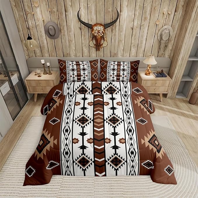 Erosebridal Western Comforter Set Brown Rustic Boho Aztec Bedding Set Queen Size,Country Cabin Lodge Quilt Comforter for Boys Adults Men Southwestern Ethnic Tribal Bed Duvet Set 3 Pcs
