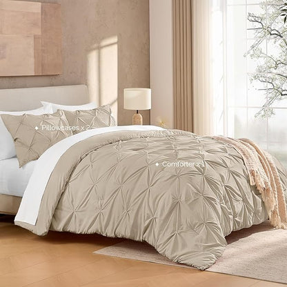 Andency Khaki Pinch Pleated Comforter Set King (104x90Inch), 3 Pieces Pintuck Microfiber Down Alternative Beddding Set(1 Pintuck Comforter, 2 Pillowcases)