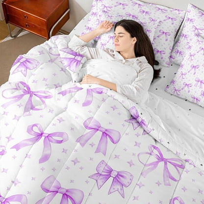 Erosebridal Bow Girls Cute Purple Comforter Set Queen Size 7 Pieces | Starry Bed in A Bag Dreamy Bed Set Bowknot Kawaii Bedding