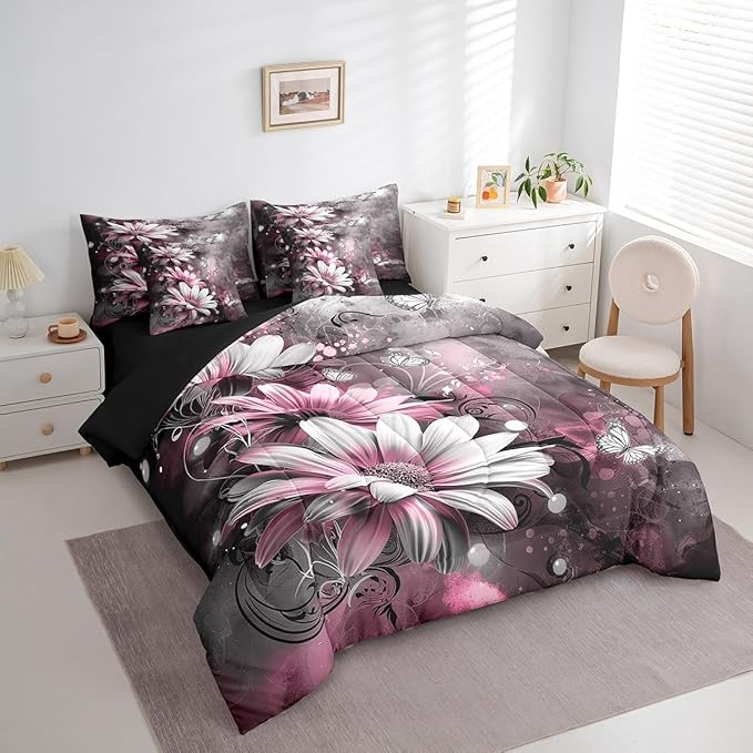 Feelyou Girls Vintage Flower Comforter Set with Sheets Twin Size 7 Pieces Kids Pink Daisy Florals Pattern Bedding Set for Boys Women Teens Butterfly Botanical Nature Garden Theme Bed in a Bag