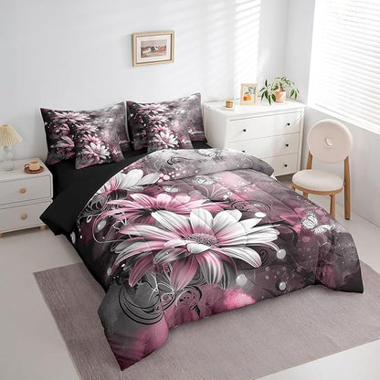 Feelyou Girls Vintage Flower Comforter Set with Sheets Full Size 7 Pieces Kids Pink Daisy Florals Pattern Bedding Set for Boys Women Teens Butterfly Botanical Nature Garden Theme Bed in a Bag