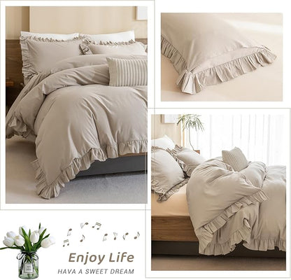 Sanracie Queen Comforter Sets, Cotton Ruffled Boho Comforter Set Queen 3 Pieces Linen Feel Farmhouse Vintage Shabby Boho Chic Bedding Soft Lightweight Bed Set for All Season