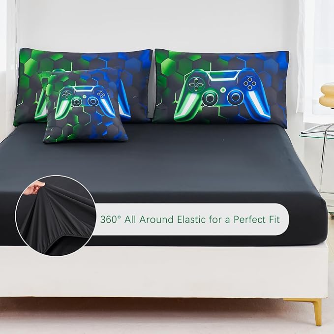 URBONUR Gaming Comforter Sets for Boys Queen Size Blue Green 6Pcs Gamer Bedding Set Queen Ultra Soft Fluffy Game Console Printed Kids Bed-in-a-Bag