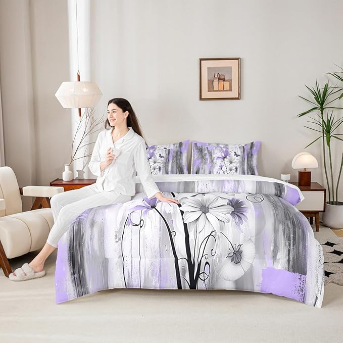 Feelyou Girls Daisy Flower Comforter Set with Sheets Queen Size 7 Pieces Kids Vintage Floral Butterfly Bedding Set for Boys Women Teens Purple Grey White Simple Modern Abstract Art Bed in a Bag