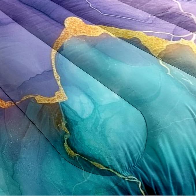 Blue Purple Marble Comforter Set Queen Size Teal Ombre Abstract Bedding Set Women Men Modern Aesthetic Comforters 3 Pieces Gold Marbling Art Bed Sets Soft Lightweight 90x90 Comforter Sets