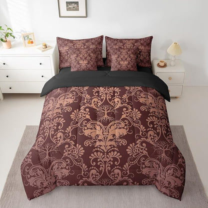 Erosebridal Gothic Damask Bed in a Bag King Size Comforter Set 7 Pieces,Sun Moon Tree of Life Bedding Sets Brown Victorian Floral Goth Sheet Set with Comforter