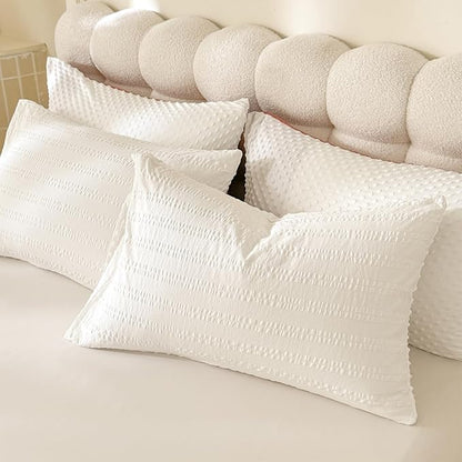 Boho Comforter Set Queen Size Striped Pleats Bohemian Seersucker Bedding Set All Season Soft Cozy 3 Pieces Quilt with 2 Pillowcases(90"X90" White)