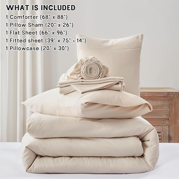 Anluoer Beige Twin Comforter Set 5 Pieces, Bed in a Bag with Sheets, All Season Bedding Sets with 1 Comforter, 1 Pillow Sham, 1 Pillowcase, 1 Flat Sheet, 1 Fitted Sheet