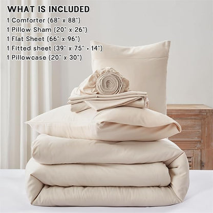 Anluoer Beige Twin Comforter Set 5 Pieces, Bed in a Bag with Sheets, All Season Bedding Sets with 1 Comforter, 1 Pillow Sham, 1 Pillowcase, 1 Flat Sheet, 1 Fitted Sheet