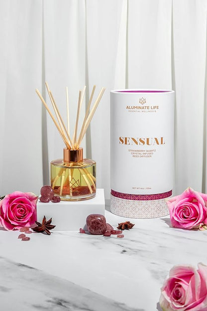 Crystal Infused Reed Diffuser, 4 OZ, Sensual - Strawberry Quartz Crystal Infused - Scents of Star Anise, Rose, Sichuan Pepper & White Musk - Valentine's Day Gift