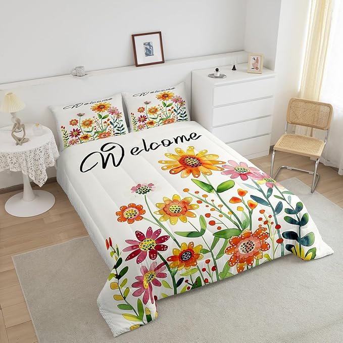 Erosebridal Sunflower Daisy Bedding Set for Kids Rustic Flowers King Comforter Set for Boys Girls,Watercolor Country Farmhouse Floral Bedding Comforter Sets Cute Cartoon Garden Botanical Bed Set