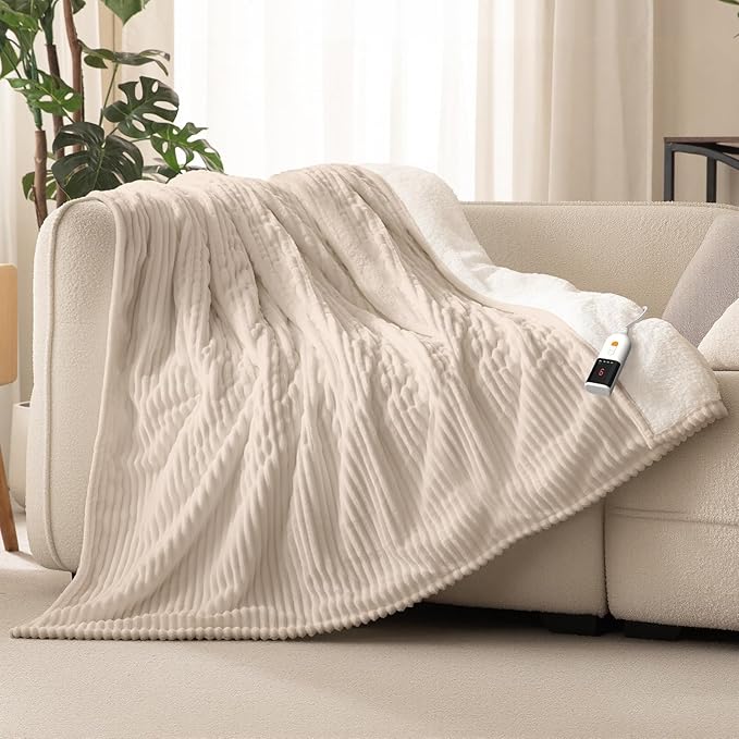 Reaks Electric Heated Blanket Twin, Silky Soft Flannel & Sherpa Twin Electric Blanket with 9 Heat Levels & 2-10 Hours Auto Off, Warm Gifts for Women Mom Grandma, ETL Certified (62x84 inches, Beige)
