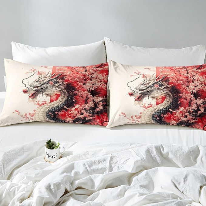Erosebridal Girls Dragon Comforter Set King Size, Japanese Style Animal Down Comforter Cherry Blossoms Sakura Bedding Set Ancient Wildlife Quilt for Kids Teens Adult Women Bedroom Decor, Pink