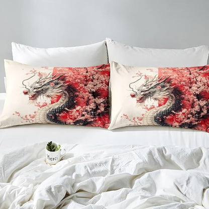 Erosebridal Girls Dragon Comforter Set Toddler Size, Japanese Style Animal Down Comforter Cherry Blossoms Sakura Bedding Set Ancient Wildlife Quilt for Kids Teens Adult Women Bedroom Decor, Pink