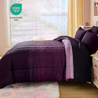 Dinjoy Girls Comforter Set Full Size Colorful Ombre Purple White Rainbow Bedding Set Bed in A Bag for Kid Teen Girls 7 Pieces (1 Comforter, 1 Flat Sheet, 1 Fitted Sheet, 2 Pillow Shams, 2 Pillowcases)