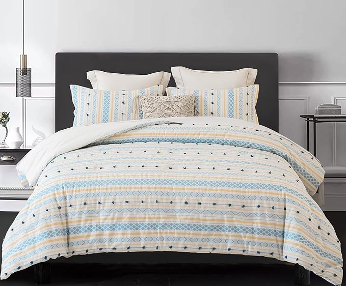 SLEEPBELLA Washed Double Layer Muslin 100% Cotton Comforter Set Queen Size, Yellow Blue Boho Fluffy Thick Checked Bedding Set, Soft Breathable (1 Comforter, 2 Pillow Shams)