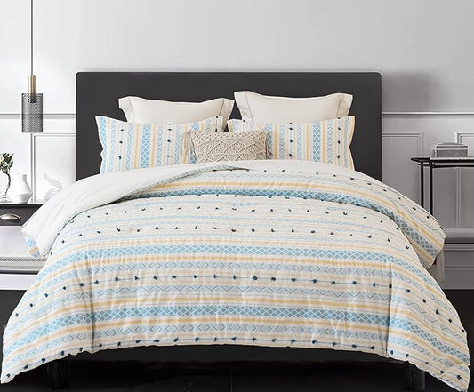SLEEPBELLA Washed Double Layer Muslin 100% Cotton Comforter Set Queen Size, Yellow Blue Boho Fluffy Thick Checked Bedding Set, Soft Breathable (1 Comforter, 2 Pillow Shams)