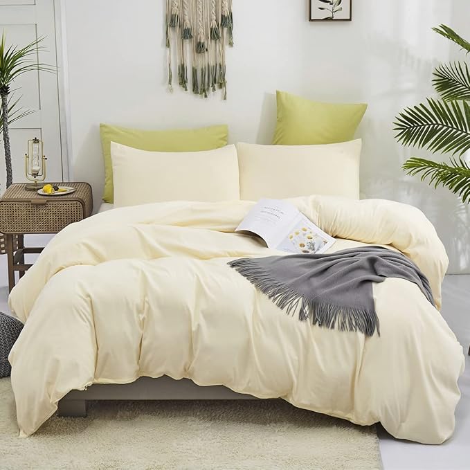 KAREVER Light Yellow Comforter Set Full Ivory Bedding Set Men Breathable Beige Bedding Set Women Soft Off White Ivory Bedding Comforter Set Full Size Comforter