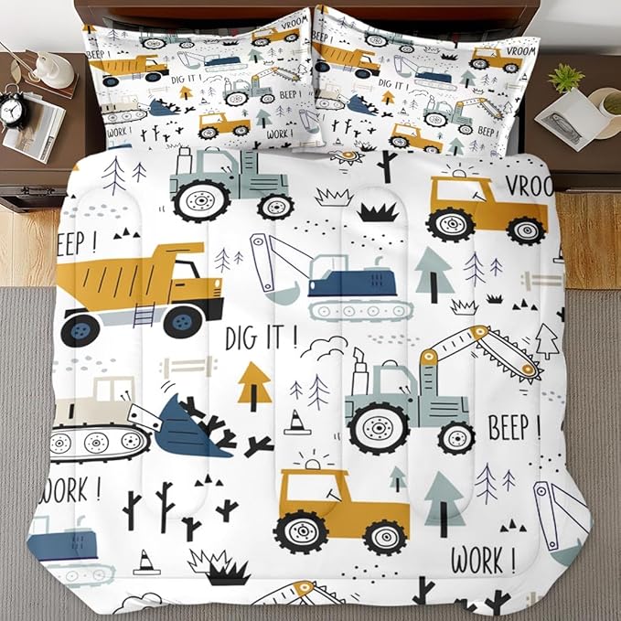 Cute Car Truck Construction Comforter Set for Boys Teens Toddlers Adults Full, Tractor Excavator Boho Bedding Sets Water Washed Microfiber Bedding with 1 Comforter 2 Pillowcase All Season