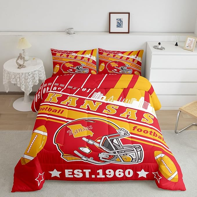 Feelyou Football Bedding Set Queen Size Boys Girls Rugby Sports Comforter Set Women Men Football City Duvet Quilt Bedroom Decor