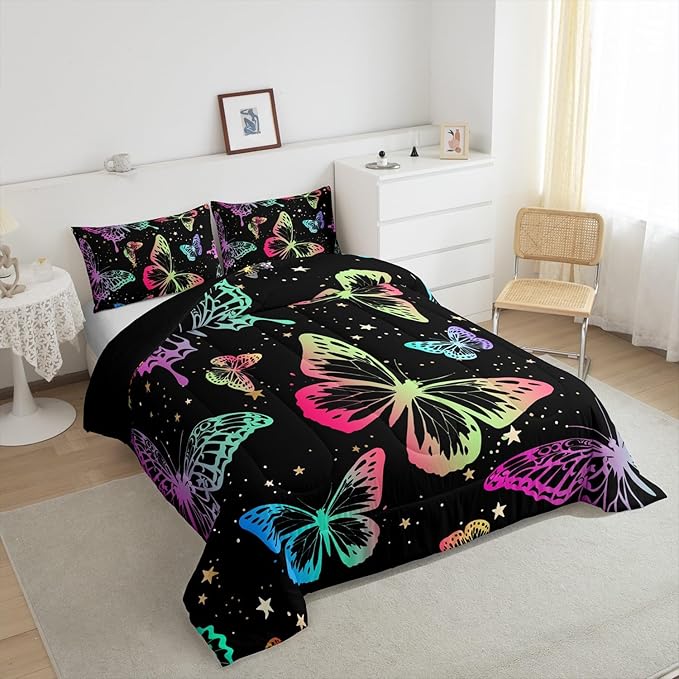 Erosebridal Butterfly Comforter Set King Starry Sky Galaxy Colorful Ombre Butterflies Bedding Sets for Kids Girls Teens Women Cartoon Bedding Comforters & Sets Room Decor with 2 Pillow Cases