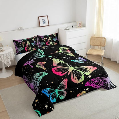 Erosebridal Butterfly Comforter Set King Starry Sky Galaxy Colorful Ombre Butterflies Bedding Sets for Kids Girls Teens Women Cartoon Bedding Comforters & Sets Room Decor with 2 Pillow Cases