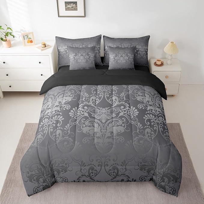 Erosebridal Gothic Damask Comforter Set 7 Piece Bed in a Bag Twin,Exotic Moth Bedding Sets Silver Gray Victorian Floral Goth Sheet Set with Comforter