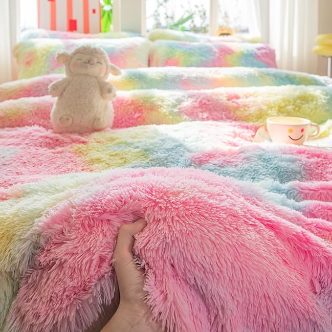 chovy Faux Fur Plush Tie-Dyed Pink Comforter Sets Twin/Full Size - Ultra Soft Shaggy Flannel Velvet Fluffy Fuzzy 3PC Bedding Set （Comforter x 1 Pillowcases x 2）