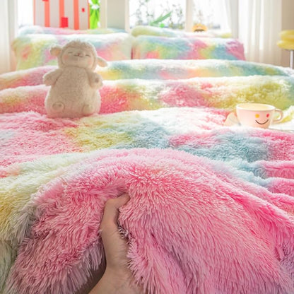 chovy Faux Fur Plush Tie-Dyed Colorful Pink Comforter Sets Full/Queen - Ultra Soft Shaggy Flannel Velvet Fluffy Fuzzy 3PC Bedding Set （Comforter x 1 Pillowcases x 2）