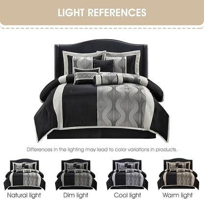 Stratford Park Black and Silver Comforter Set King Size, Elegant 7 Pieces Striped All Season Bedding Set
