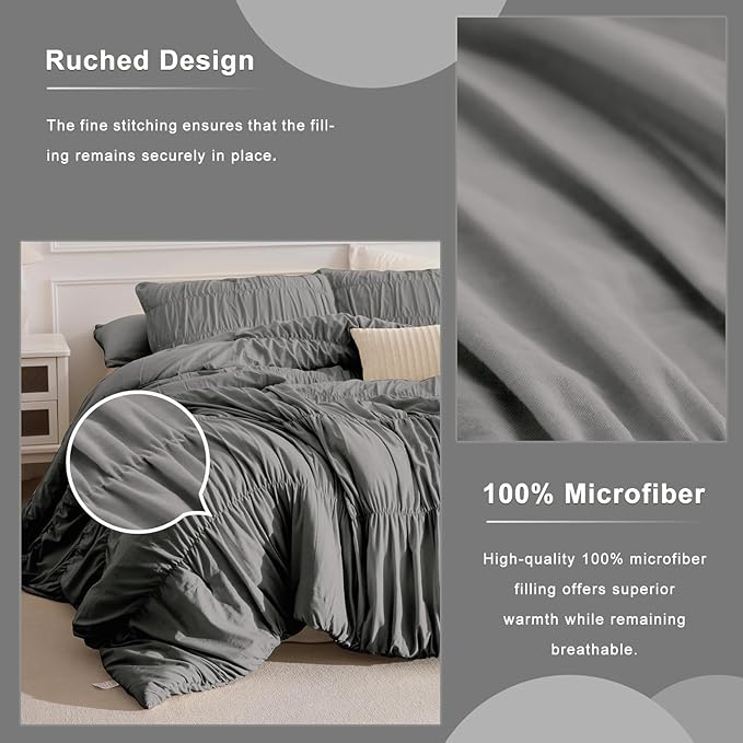 Masaca Grey Oversized King Comforter 120x120,Ruched Ruffle California King Comforter Oversized,Vintage Rustic Gray Shabby Farmhouse Boho Bedding Comforter for All Season