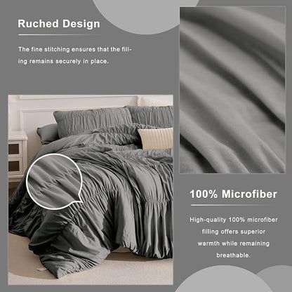 Masaca Grey Queen Comforter Set(90"x95"),Ruched Shabby Boho Chic Bedding Comforter Set,Vintage Gray Textured Ruffle Comforter for Queen Bed Fluffy Aesthetic Farmhouse Bedding 3 Pieces