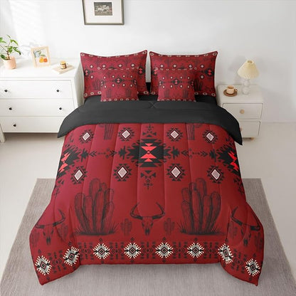 Erosebridal Red Southwestern Bedding Set Queen Vintage Western Aztec Comforter Set 7 Piece Bohemian Geometric Country Bed in A Bag Rustic Cactus Bull Skull Boho Tribal Quilt with Flat Fitted Sheet