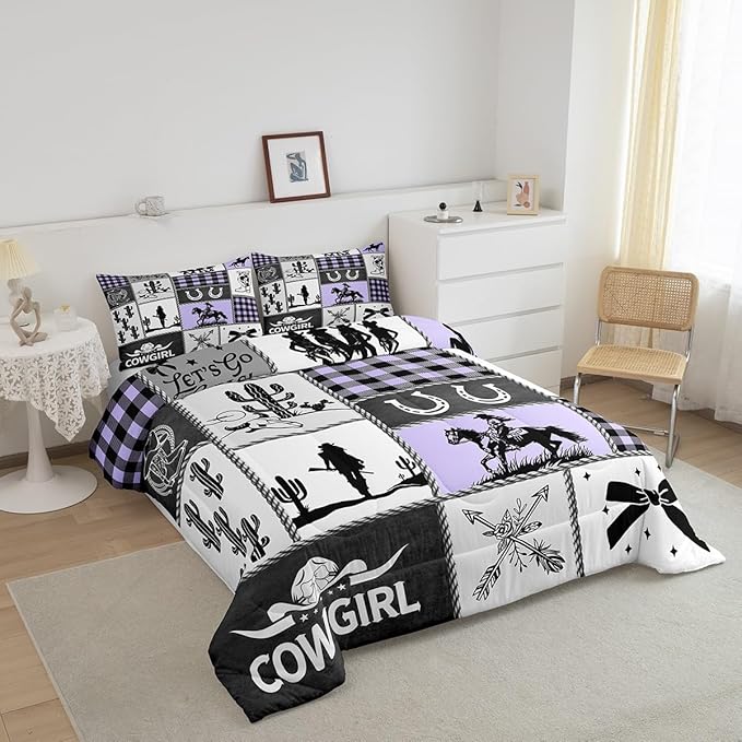 Western Cowgirl Bow Comforter Set Twin Size,Cactus Horseshoes Cowgirl Boot Bedding Set,Girls Women Room Decor,Cow Skull Geometric Plaids Patchwork Down Comforter,Rustic Duvet Insert,1 Pillowcase