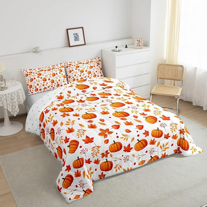 Happy Fall Comforter Set Halloween Pumpkin Autumn Bedding Sets Full,Cute Fall Flowers Maple Leaves Bedding Quilted Thanksgiving Comforter Gifts for Kids Boys Girls Fall Home Bedroom Decor 3 Pcs