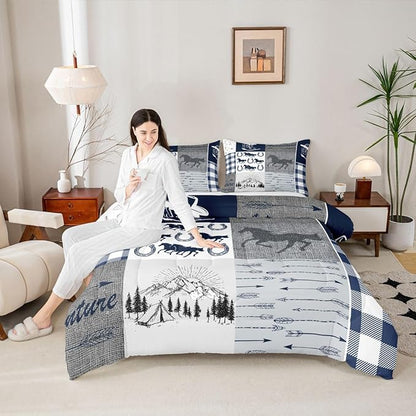Erosebridal Western Horse Bedding Set Queen, Southwestern Horseshoe Comforter Set for Boys Teens Adult Bedroom Decor, Vintage Riding Boots Quilt Rustic Adventure Duvet Insert with 2 Pillow Cases