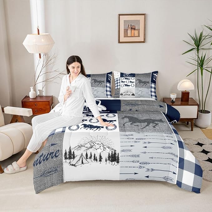Erosebridal Western Horse Bedding Set Full, Southwestern Horseshoe Comforter Set for Boys Teens Adult Bedroom Decor, Vintage Riding Boots Quilt Rustic Adventure Duvet Insert with 2 Pillow Cases