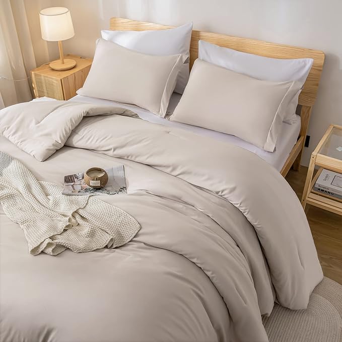 weigelia Queen Comforter Set 7 Pieces Oatmeal Comforters Queen Size Soft Fluffy Bedding Comforter Set with Fitted Sheets, Flat Sheets, Pillow Shams, and Pillowcases