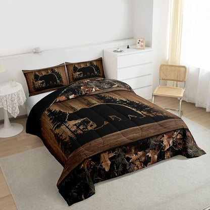 Erosebridal Farmhouse Black Bear Twin Size Comforter Set Rustic Camo Bedding Set Country Cabin Lodge Bedding Comforter Sets,Woodland Animal Quilt 2 Pcs