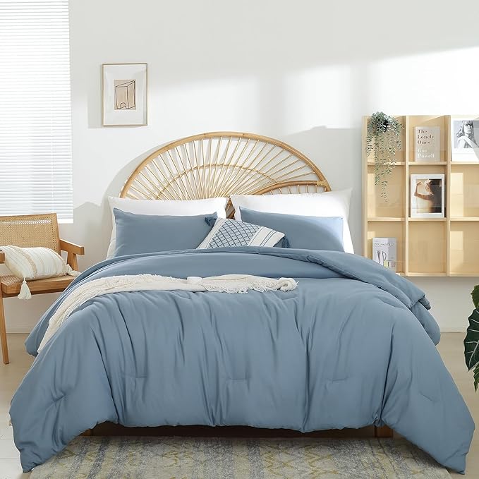 Weigelia Boho Dusty Blue 3PCS Microfiber Bed Comforter Set for All Seasons - Soft, Lightweight Comforter and Pillowcases